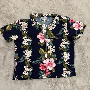 Vtg Iolani Mens L Lush Hibiscus & Plumeria Bouquets on Black Hawaii Floral‎